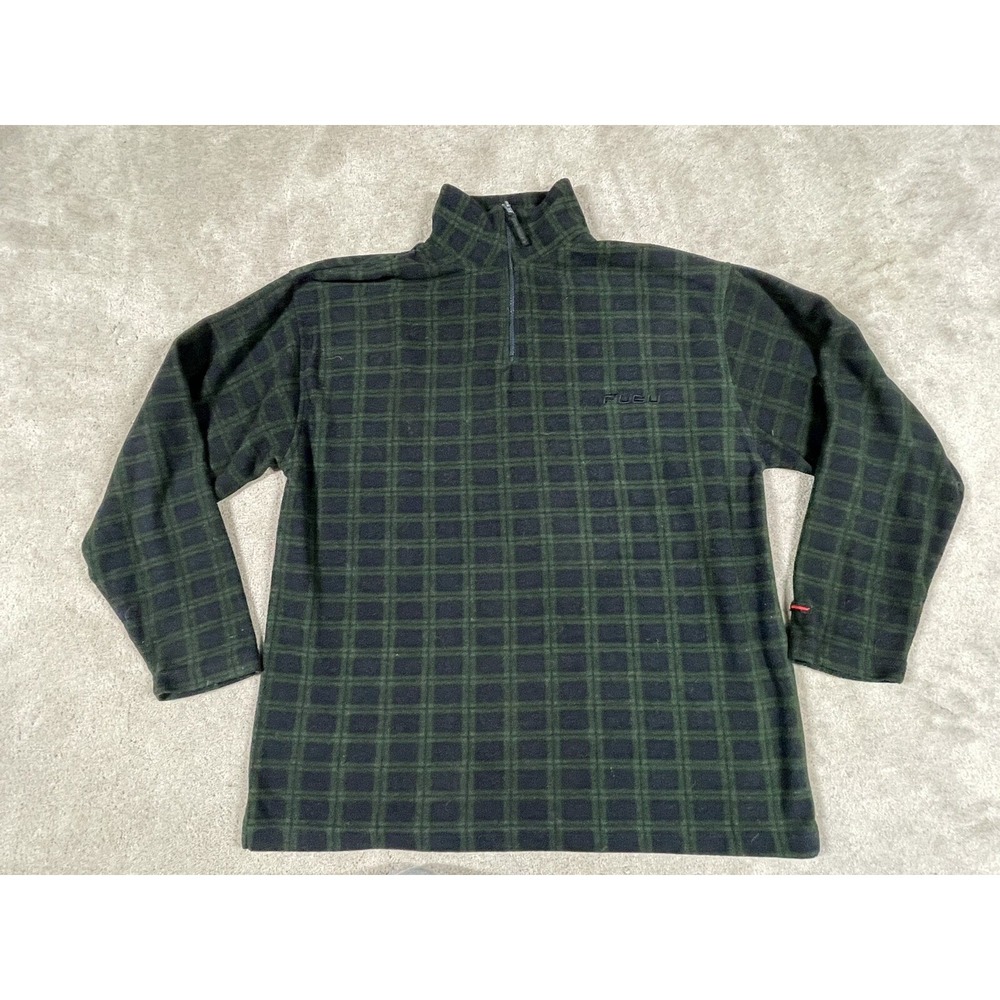 FUBU Mens Green Black Plaid Quarter Zip Fleece Pullover Sweater Large Vintage